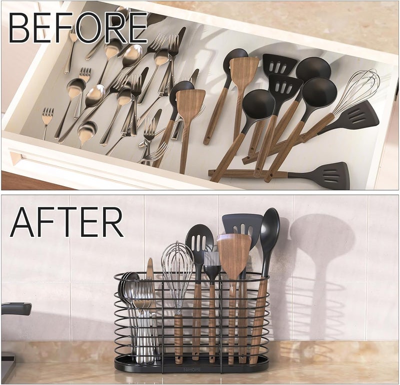 NiHome Large Cabinet Door Lid Organizers, 3-Compartment Cooking Tools Storage Holder, Black Metal Cooking Utensil Organizer with Black Silicone Tray for Organizing Cutlery,Spatula Utensil,Gadgets - Image 5